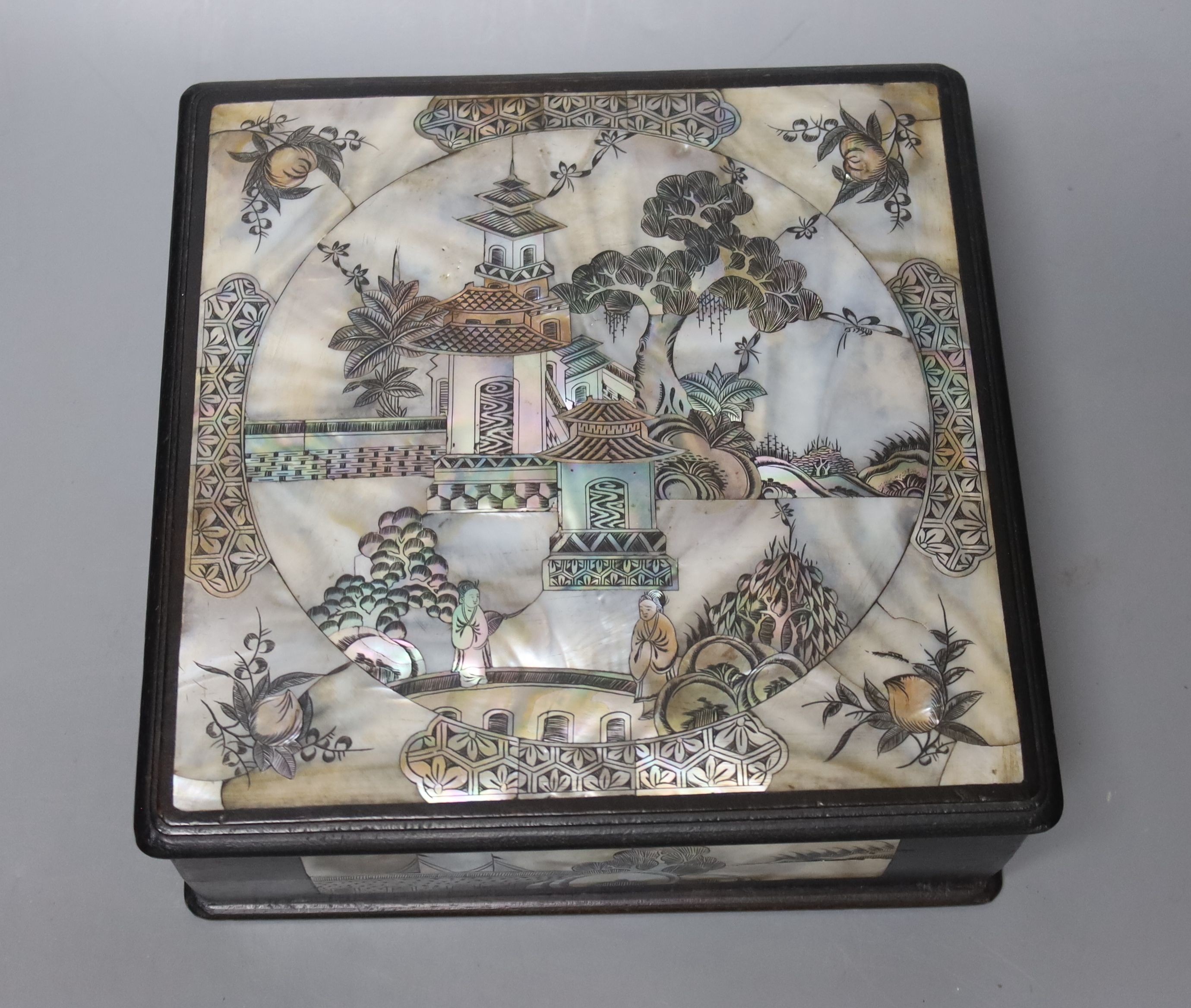 A Chinese mother of pearl inlaid hardwood square box and cover 20.5cm